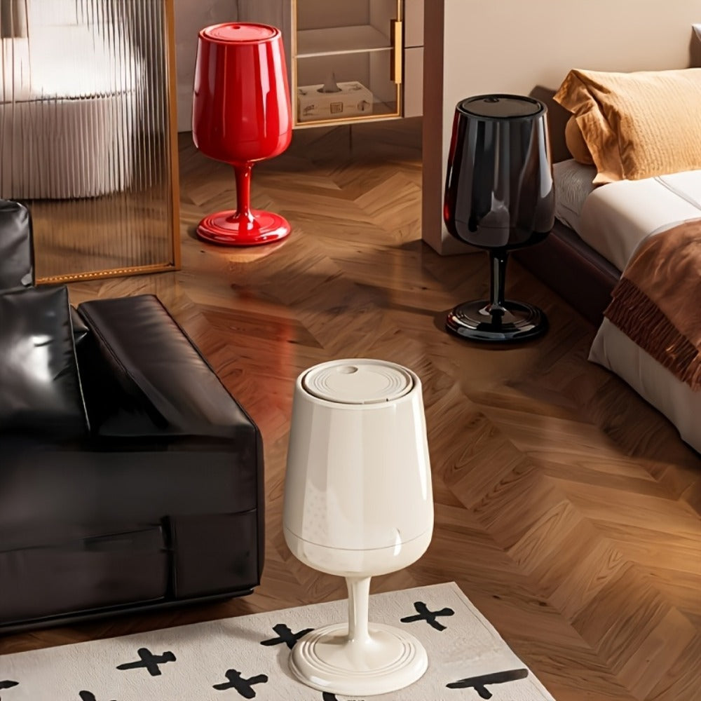 Wine Glass-Shaped Trash Can with Press Lid, 28.15-Inch Height and Red, Cream White or Black Finish