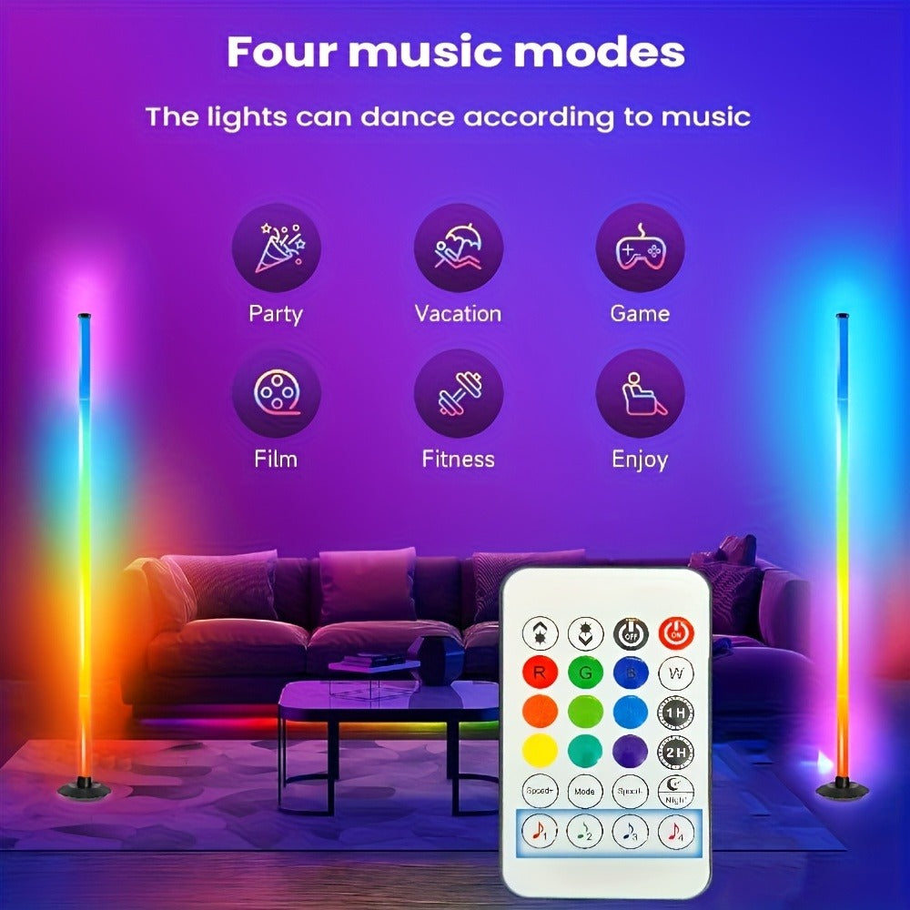 Slim RGB+IC Corner Floor Lamp with Segmented Light Bar, App and Remote Controls, Music Sync and One- or Two-Lamp Options