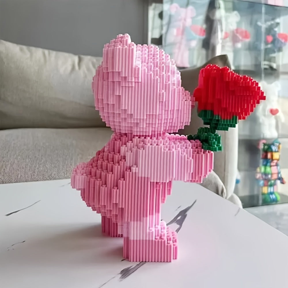 Rose Bear Building Blocks Set 4051 Pieces – Romantic Bear Holding Rose Brick Model Kit High-Difficulty Display Build