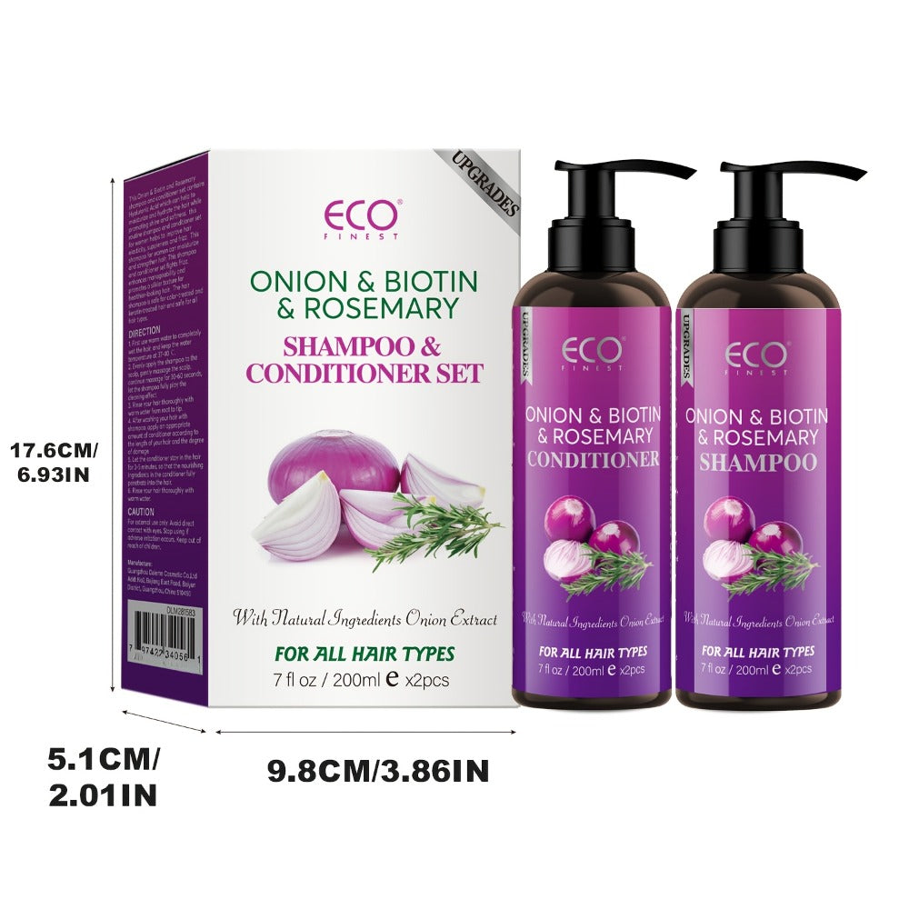 Onion, Biotin and Rosemary-Labeled Shampoo and Conditioner Set in Purple Pump Bottles with Jojoba Oil Wording