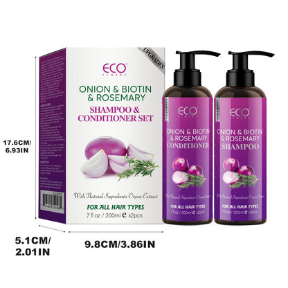 Onion, Biotin and Rosemary-Labeled Shampoo and Conditioner Set in Purple Pump Bottles with Jojoba Oil Wording