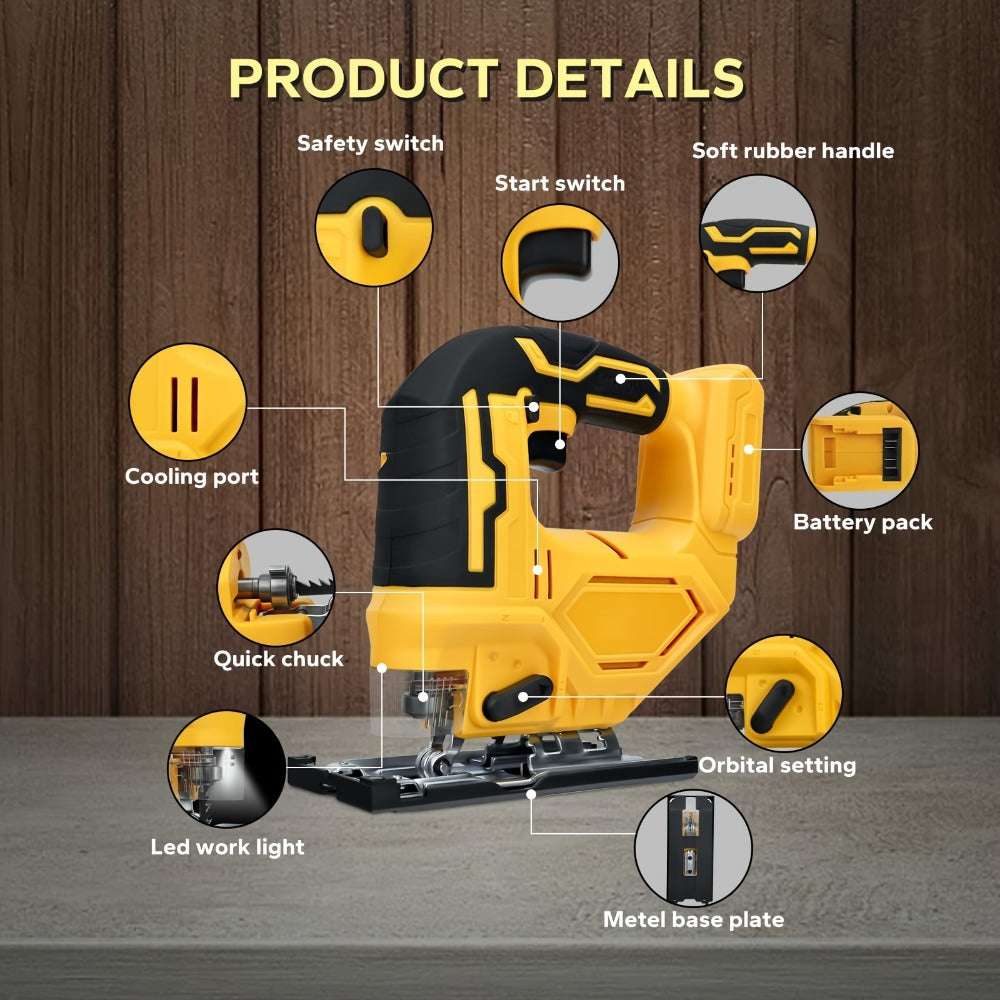 Cordless Jigsaw Compatible with DeWalt 20V Battery - Variable Speed 0-2700 RPM, 80mm Cutting Depth
