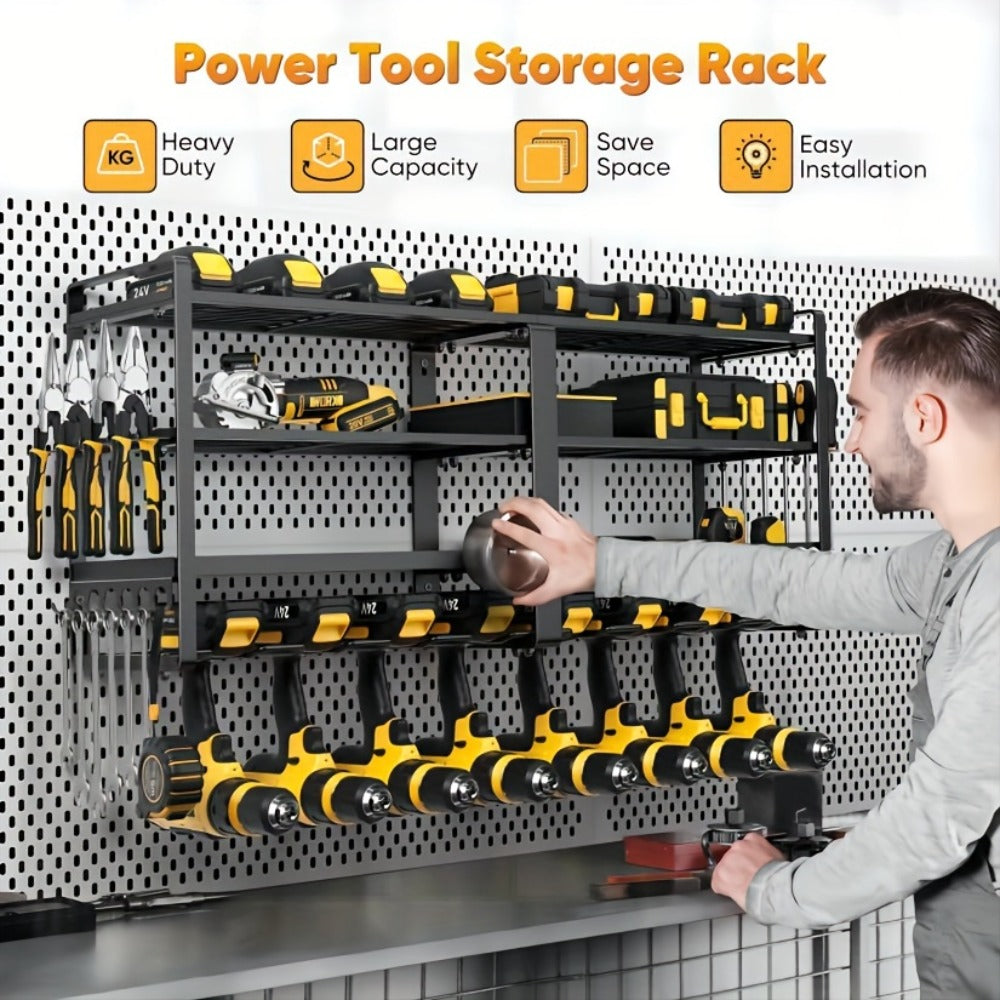 Wall Mounted Power Tool Organizer Rack, Metal Drill Holder with 2/3/4 Layer Floating Shelf, Garage Tool Storage for Cordless Drills