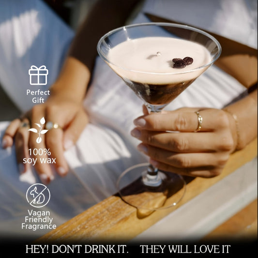 Coffee Martini Candle in Stemmed Glass with Layered Design, Coffee Bean and Glitter Details