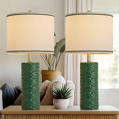 Table Lamp with Ceramic Textured Base, Drum Shade, 9W LED Bulb, Five Colors and Three Color Temperatures