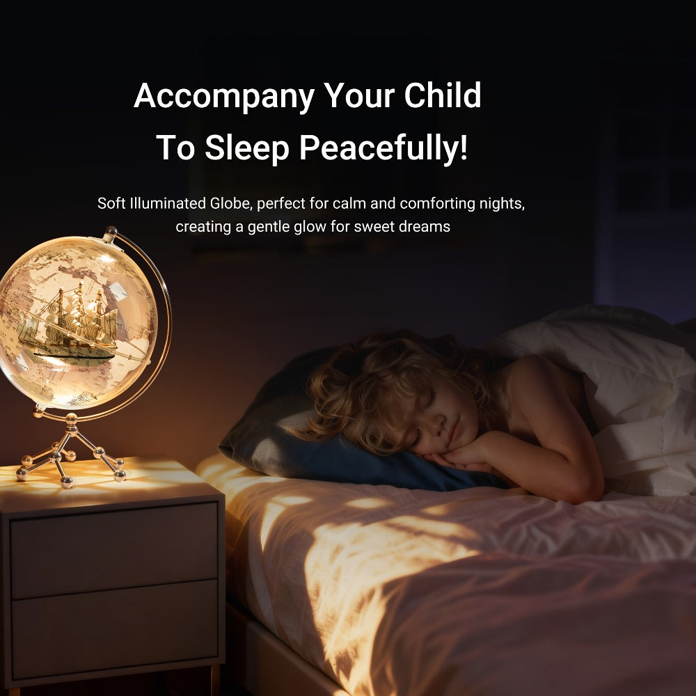 LED Lighted Globe for Kids & Adults 7.87 Inch Clear Acrylic Earth Globe Warm White Light Metal Stand Detailed World Map | Desktop Bookshelf