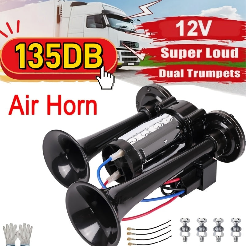 Dual Air Horn Kit 12V/24V 105-137dB with Air Compressor – Super Loud Aluminum Alloy Trumpet Horn for Truck, Train, SUV, Motorcycle