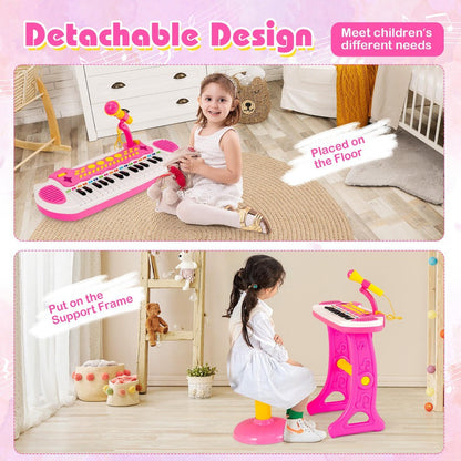 Kids Piano Keyboard Toy 31 Keys with Stool & Adjustable Microphone, Recording & Playback, Light Effects