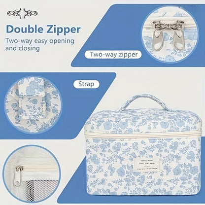 Quilted Makeup Bag Set 3 Pcs Floral Pattern Large Capacity Travel Cosmetic Organizer with Gold Zipper – Polyester Skincare Toiletry Pouch
