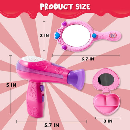 Girls Beauty Salon Toy Set 17 PCS, Pretend Play Hair Stylist Kit with Working Hairdryer Mirror Curling Wands Combs Clips & Jewelry Box