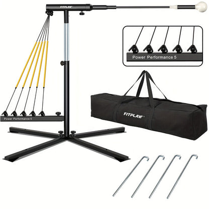 Baseball Swing Trainer with 5 Power Bands & Auto Reset System – Height Adjustable 31–47 Inch Portable Batting Trainer with Sturdy Base