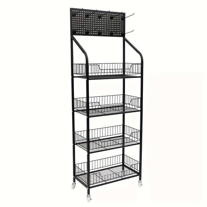 4-Tier Metal Display Rack with Wheels – Rolling Floor Shelf for Kitchen, Store & Home Storage Organization