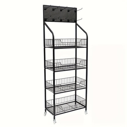4-Tier Metal Display Rack with Wheels – Rolling Floor Shelf for Kitchen, Store & Home Storage Organization