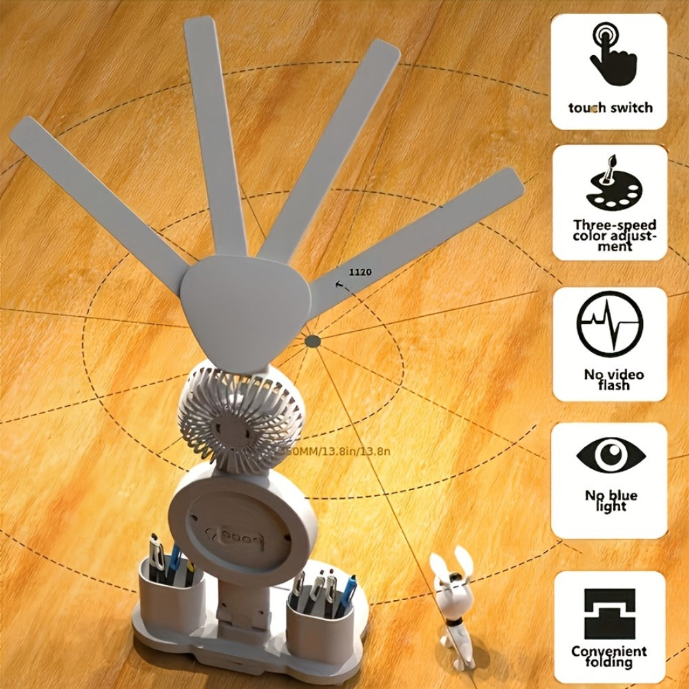 LED Desk Lamp with Built-in Fan & Touch Control, Dual Head Adjustable, USB Charging, 3 Color Modes Dimmable