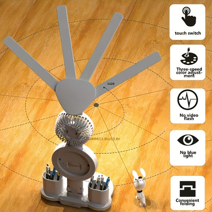 LED Desk Lamp with Built-in Fan & Touch Control, Dual Head Adjustable, USB Charging, 3 Color Modes Dimmable