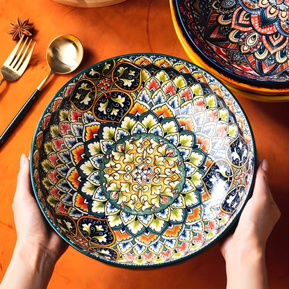 Ceramic Soup Bowl Set 2pcs Bohemian Floral Hand-Painted 25.8cm Vintage Tableware for Cooking Dining Gift