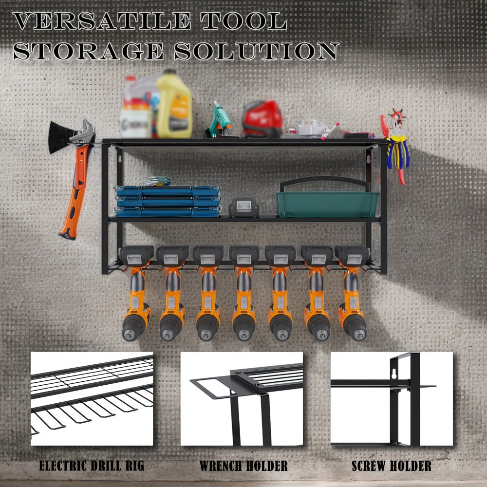 Wall Mount Power Tool Storage Rack, Steel 3-Tier & 4-Tier Garage Tool Organizer with 7 Bit Holders