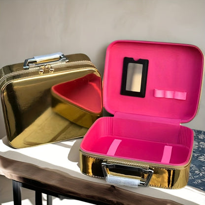 Glitter Makeup Travel Case Hard Shell Large Capacity Flat Lay Organizer Luxury Cosmetic Storage Box for Women Portable Fits in Suitcase Gold