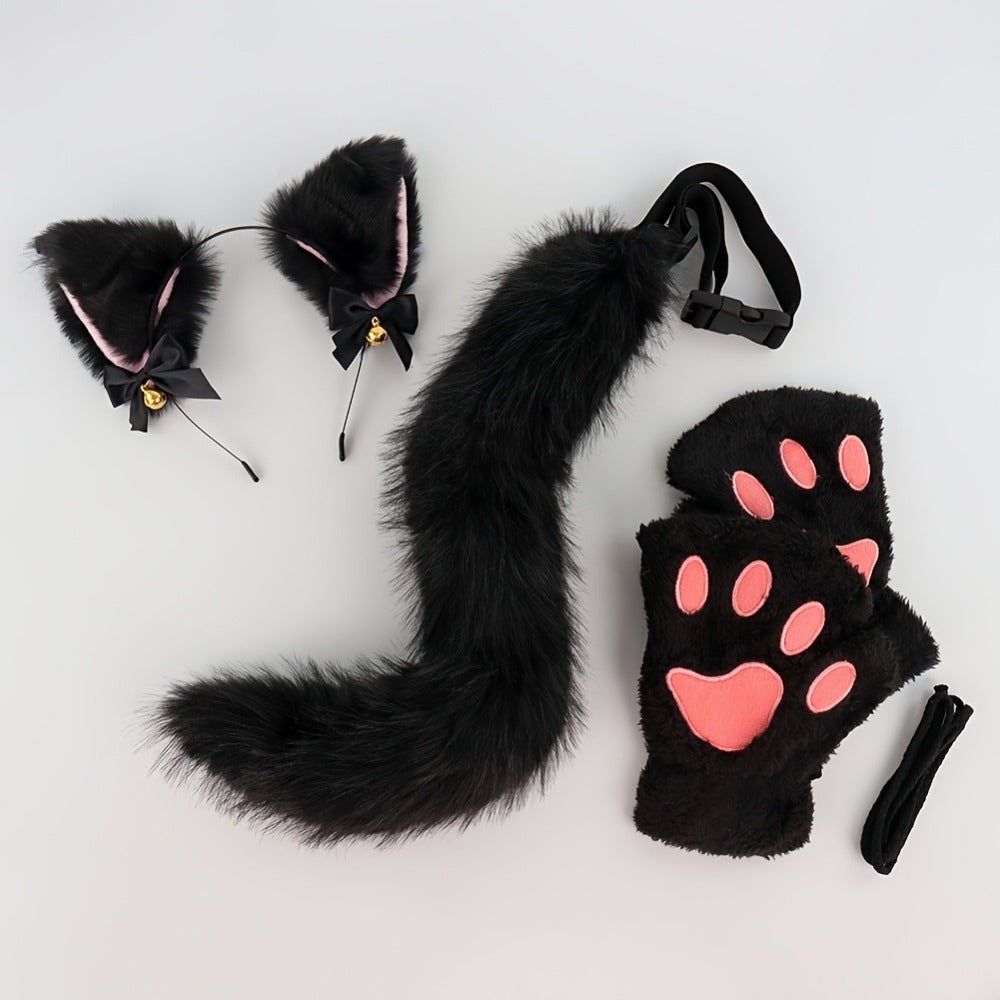 Cat Costume Set 3 Piece, Bell Ear Headband, Plush Paw Gloves & Adjustable Tail for Halloween, Cosplay