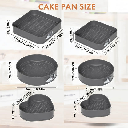 Springform Cake Pan Set 6pcs 7 8 9 10 11 Inch Heart Round Square Nonstick Removable Bottom for Entryways, Bedrooms and Living Spaces