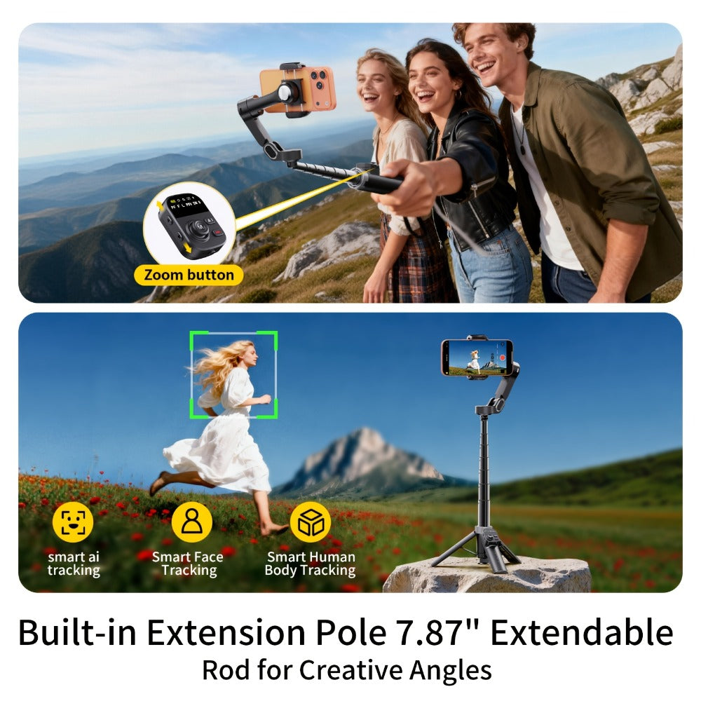 AOCHUAN Foldable 3-Axis Gimbal Stabilizer with Extendable Pole & Panoramic Gesture Control, AI Face Tracking Phone Gimbal