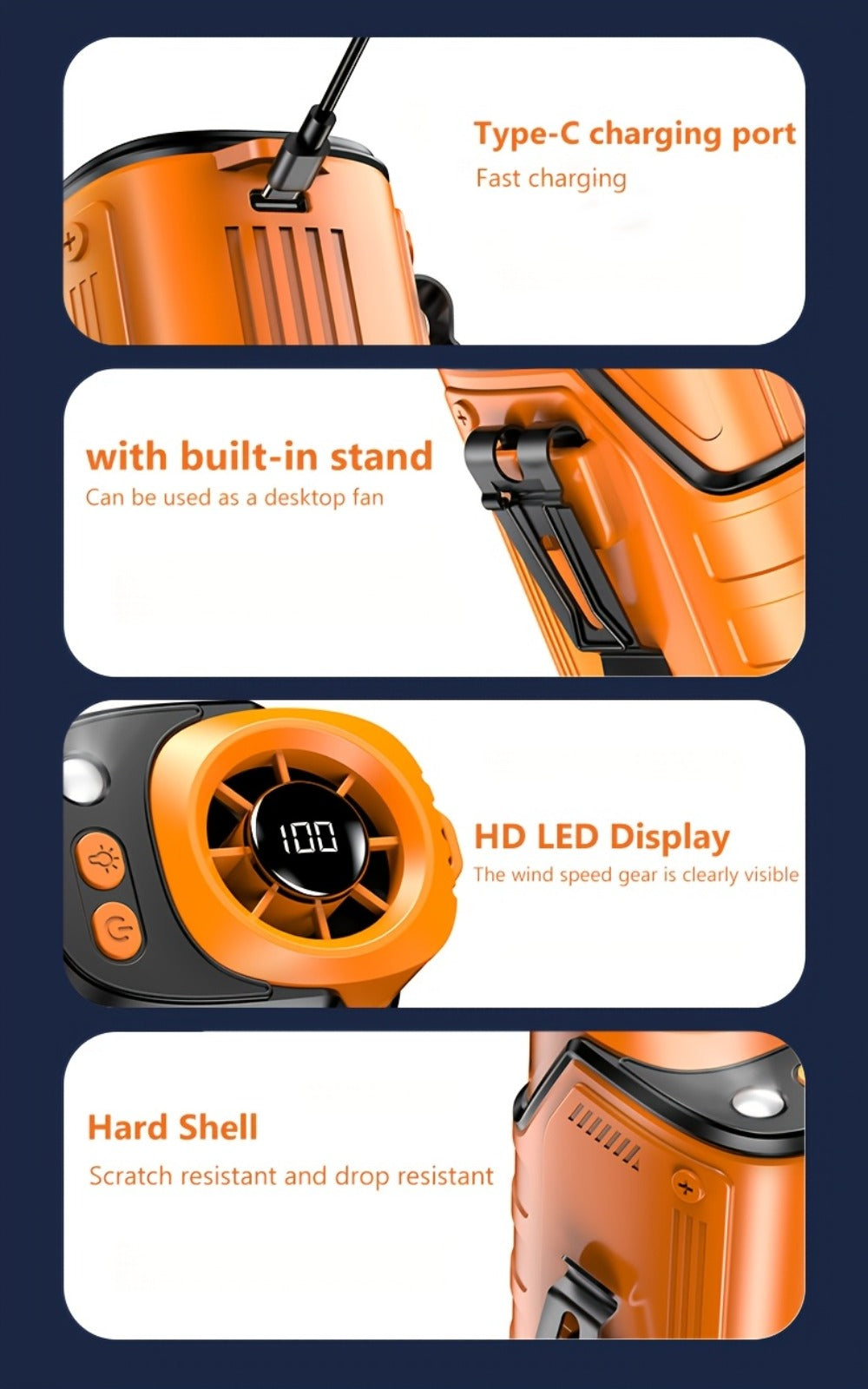 Portable Fan 3600mAh Three-in-One Waist Clip Model with Adjustable Speeds, LED Light and Digital Display