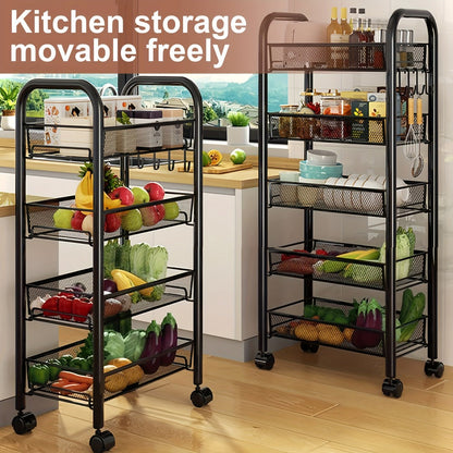 Rolling Storage Cart on Wheels – 3/4/5 Tier Carbon Steel Wire Basket Trolley, Black Metal Utility Cart for Kitchen, Bathroom, Bedroom
