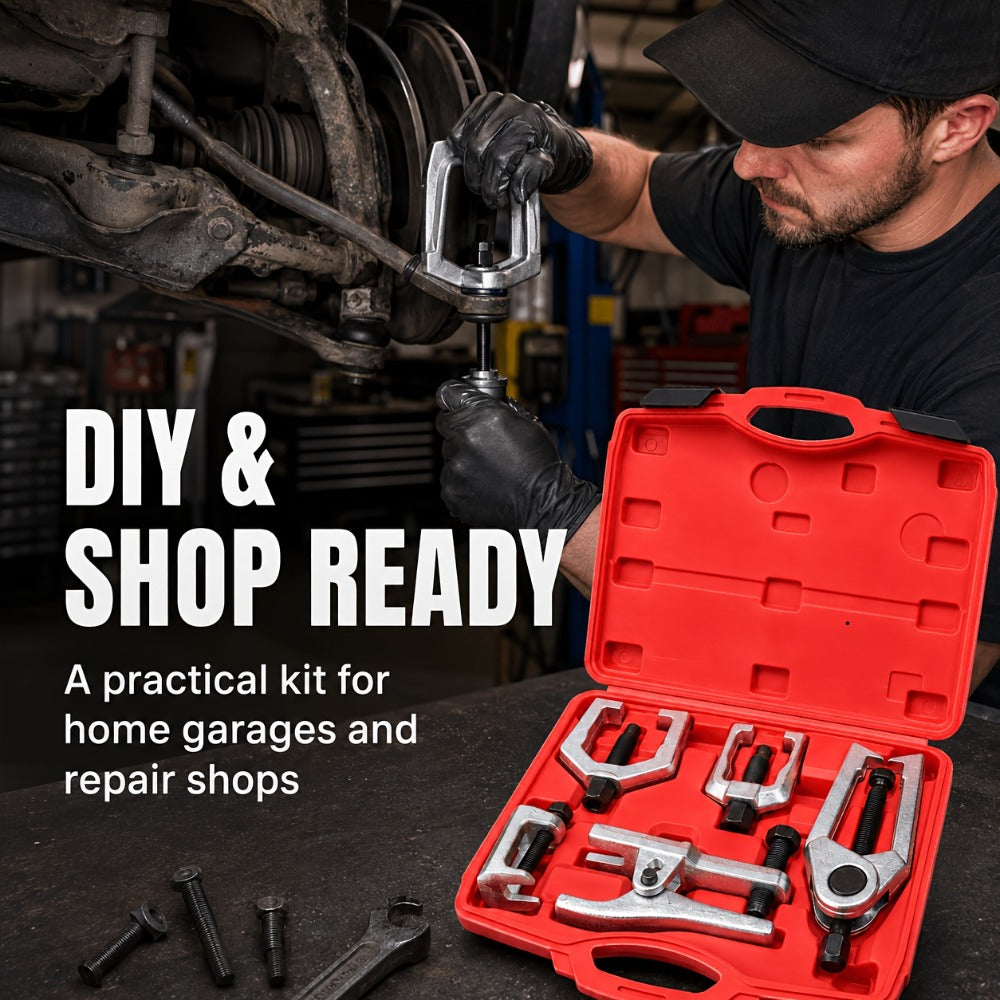 Five-Piece Ball Joint Separator and Puller Tool Set with Red Carry Case and Five Distinct Tool Profiles