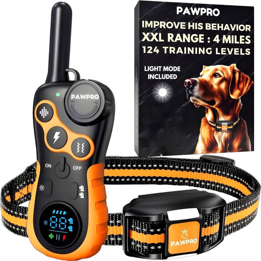 PAWPRO Dog Shock Collar 4-Mile Range Remote Training Collar – 124 Adjustable Levels, 4 Modes Beep Vibration Shock LED, Fits 5-135 lbs Dogs