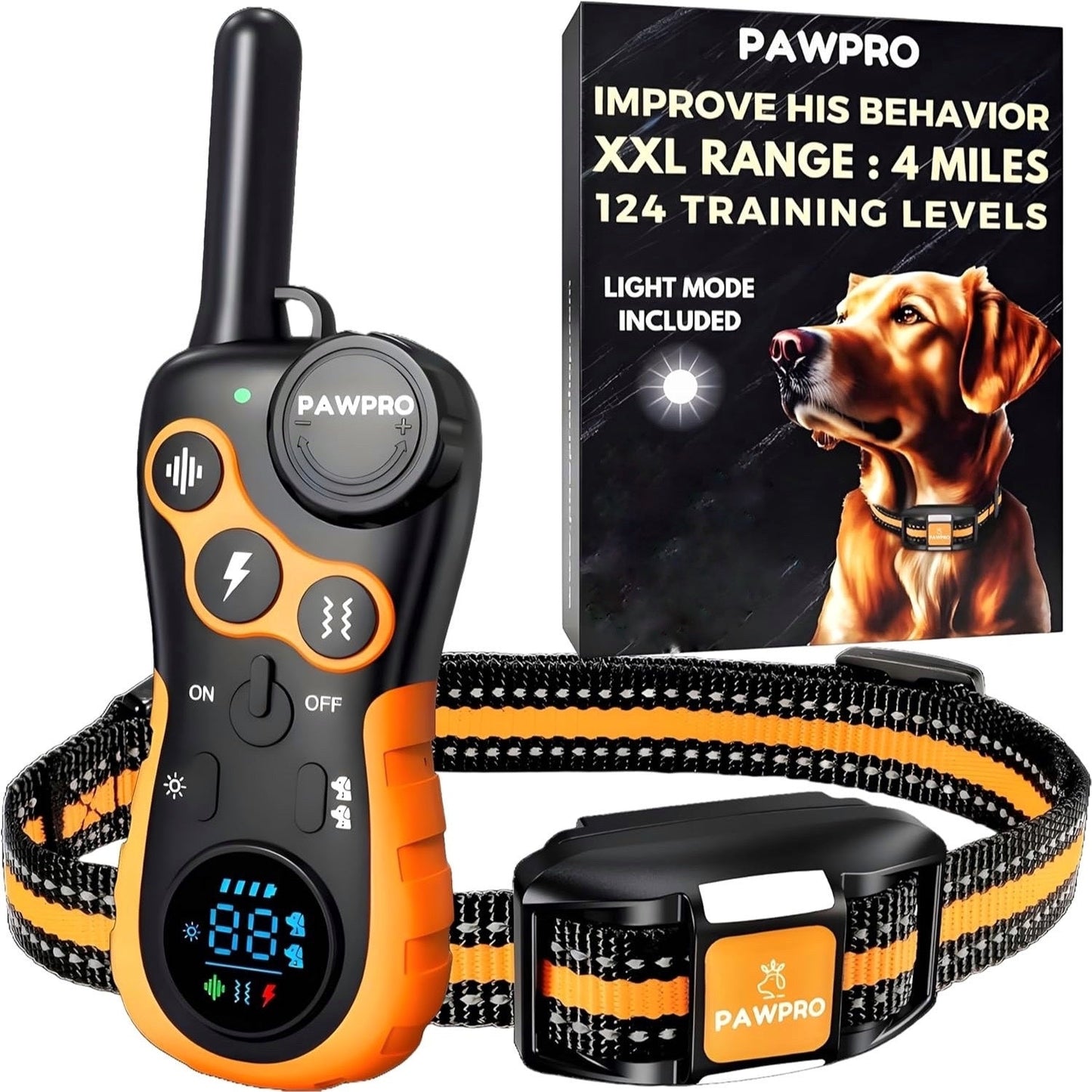 Dog Training Collar PAWPRO Remote Set with 4-Mile Range, Beep, Vibration, Static Stimulation and LED Modes