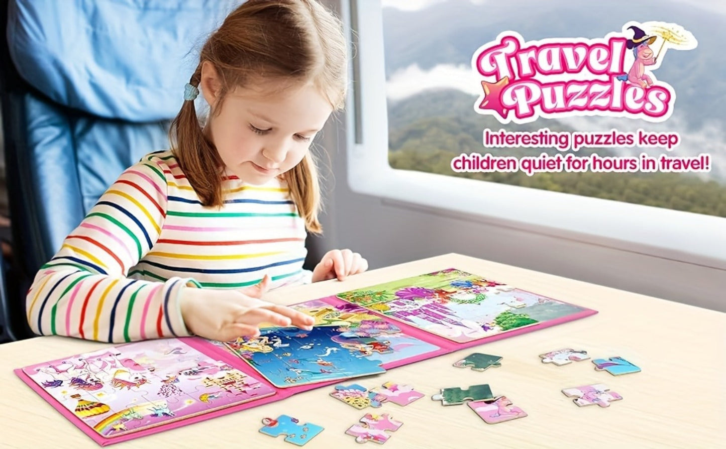 Magnetic Puzzle Book for Girls 3 4 5 6, 3-in-1 Unicorn Mermaid Princess Travel Puzzles, 20 Pieces Folding Magnetic Jigsaw for Toddlers