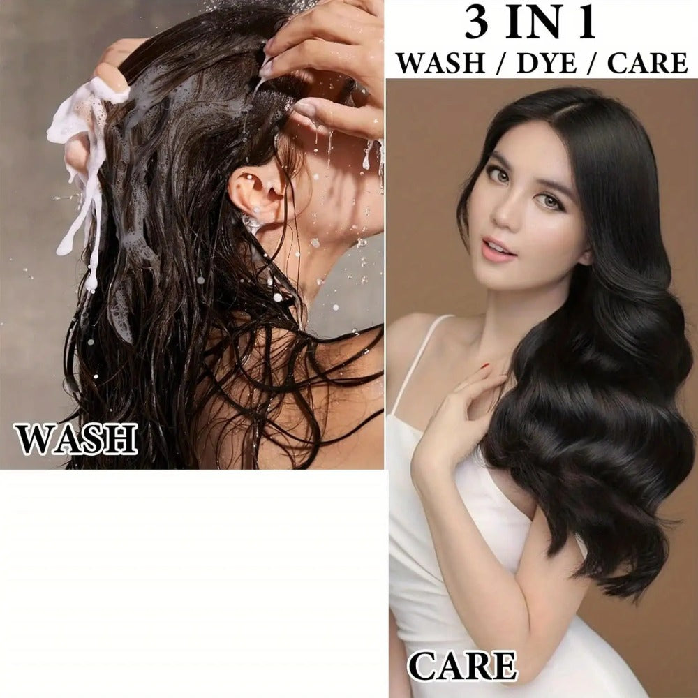Hair Dye Shampoo 3-in-1 Color Conditioner Cooling Formula 6pcs Set – Black & Brown Gradual Gray Coverage, Unisex Long Hair Color Shampoo