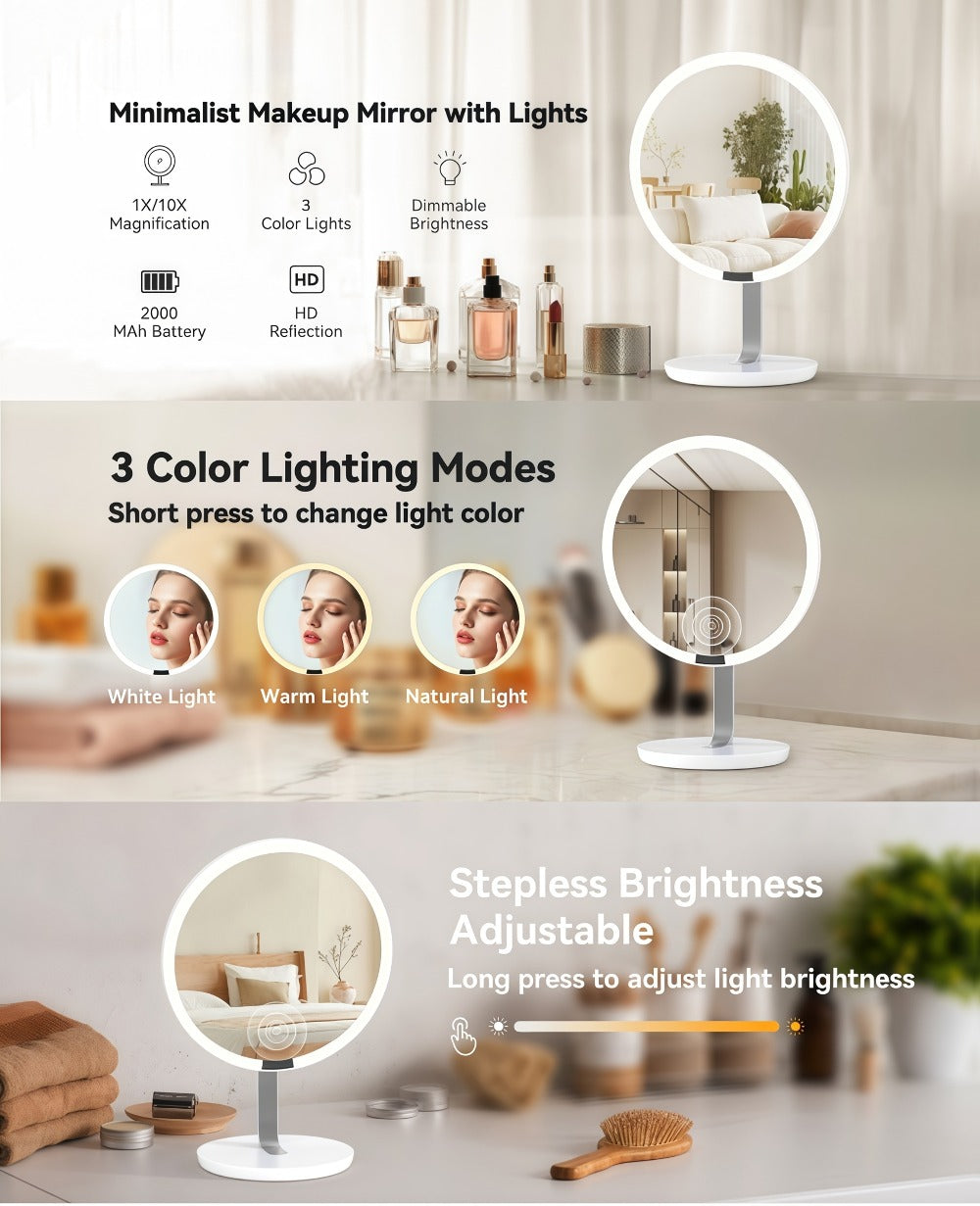 Makeup Mirror Round LED Desktop Stand with Detachable 10X Suction Mirror, Three Light Colors, Touch Dimming and USB Power