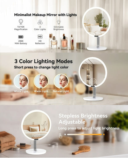 Makeup Mirror Round LED Desktop Stand with Detachable 10X Suction Mirror, Three Light Colors, Touch Dimming and USB Power