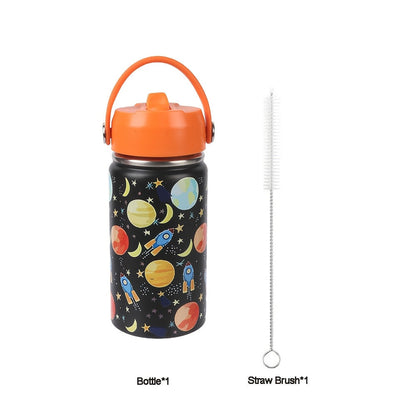 Insulated Stainless Steel Water Cup with Straw | 12oz 340ml, 3D Cartoon Pattern, Double Wall, Handle & Straw Brush – Travel
