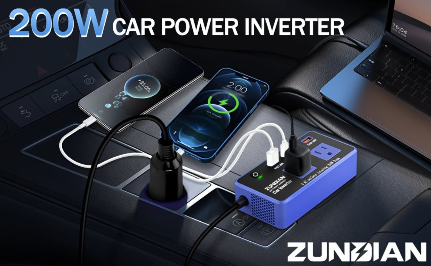 200W Car Power Inverter DC 12V to 110V AC Outlet + USB-C & USB-A 4.8A 24W, Car Plug Adapter Converter for Laptop Camping Travel Road Trip