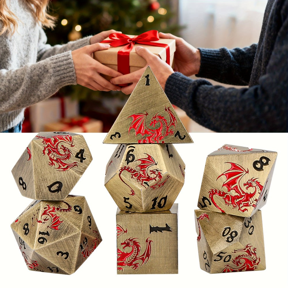 Dragon Metal Dice Set 7pcs Hand-Polished, Retro Carved Dragon Pattern Polyhedral DnD TTRPG RPG Dice with Dragon Storage Bag