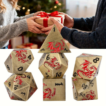Dragon Metal Dice Set 7pcs Hand-Polished, Retro Carved Dragon Pattern Polyhedral DnD TTRPG RPG Dice with Dragon Storage Bag