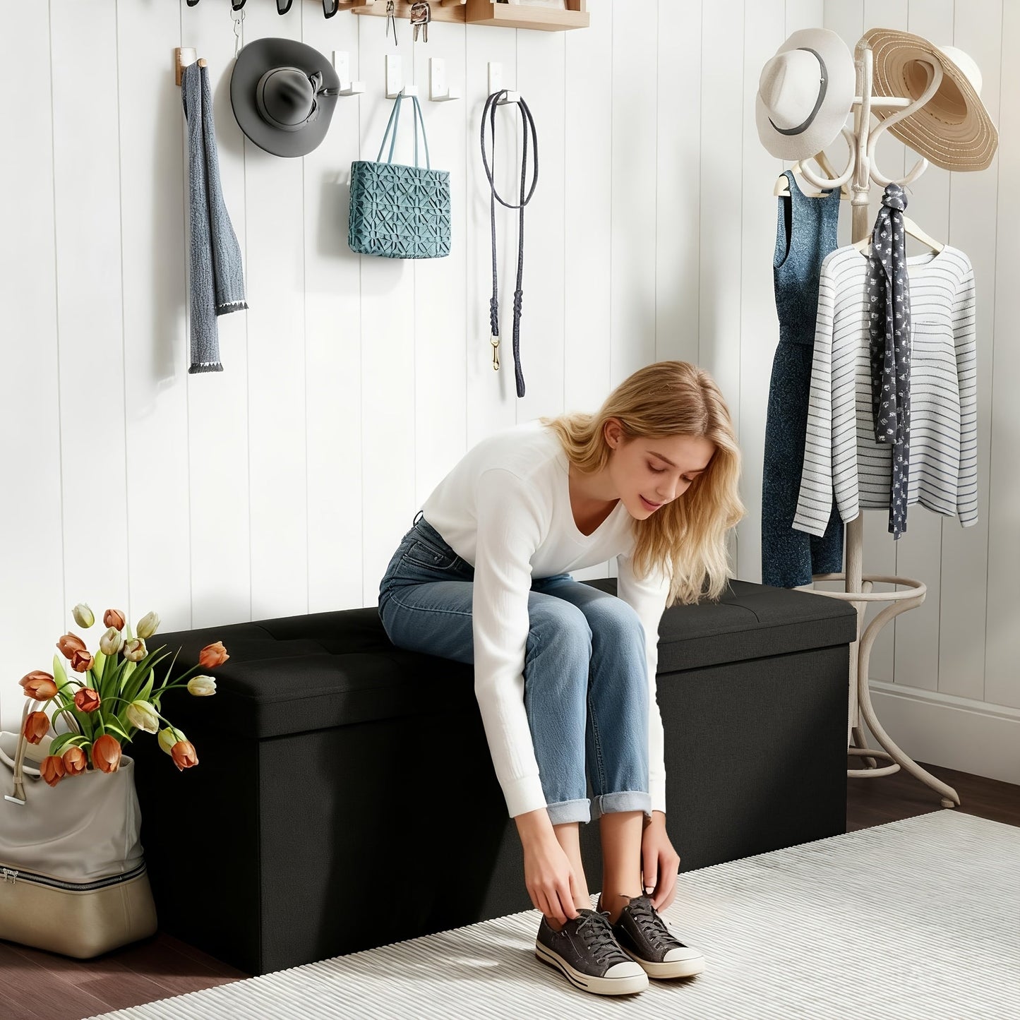 Storage Ottoman Bench shown in the Black Linen - 43.5 Inches option