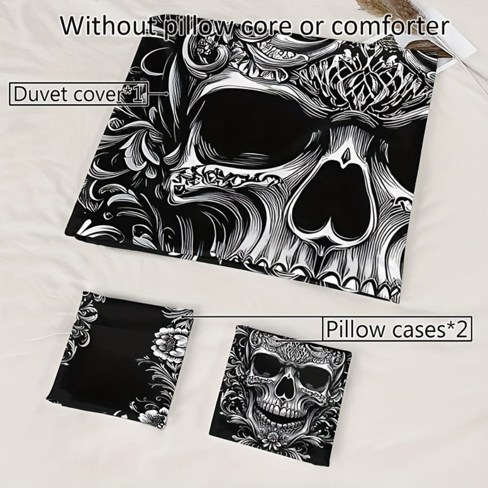 Skull Duvet Cover Set 3pcs – Gothic Victorian Baroque Black & White Skull Bedding with 2 Pillowcases, Digital Print Halloween Bedroom Decor