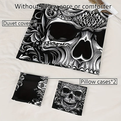 Skull Duvet Cover Set 3pcs – Gothic Victorian Baroque Black & White Skull Bedding with 2 Pillowcases, Digital Print Halloween Bedroom Decor