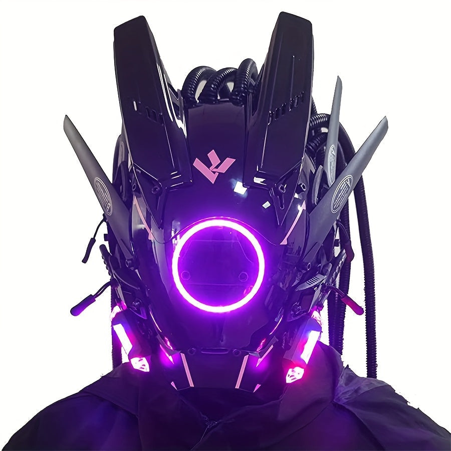 LED Cyberpunk Samurai Mask with Braids, Futuristic Sci-Fi Mechanical Face Mask for Halloween, Cosplay
