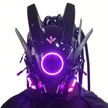 LED Cyberpunk Samurai Mask with Braids, Futuristic Sci-Fi Mechanical Face Mask for Halloween, Cosplay