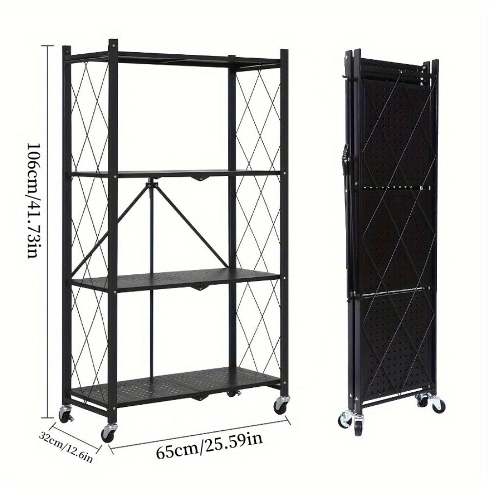 Rolling Foldable Metal Storage Shelf with Three-, Four- or Five-Tier Options in Black or White