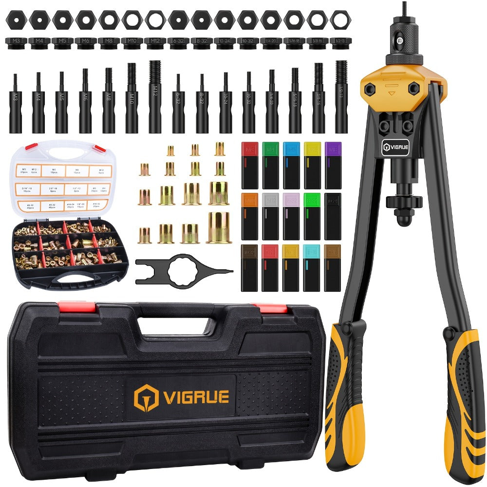 Rivet Nut Tool Kit 16-Inch – Hand Riveter Set with 15 Mandrels M3-M12 & 6-32 to 1/2-13, 300 Metric & SAE Rivet Nuts Included
