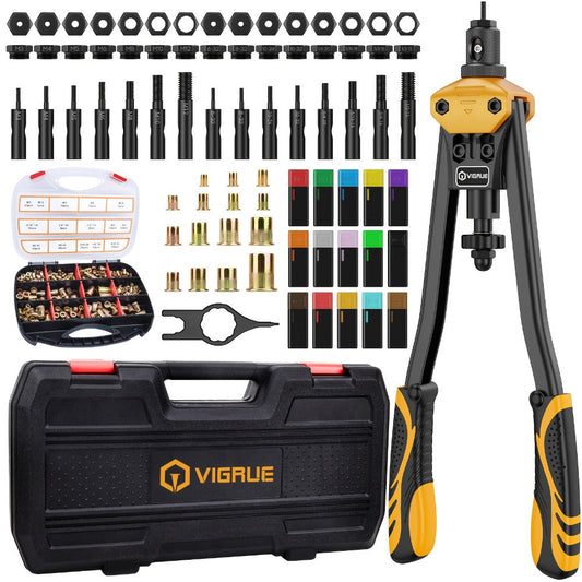 Rivet Nut Tool Kit 16-Inch – Hand Riveter Set with 15 Mandrels M3-M12 & 6-32 to 1/2-13, 300 Metric & SAE Rivet Nuts Included