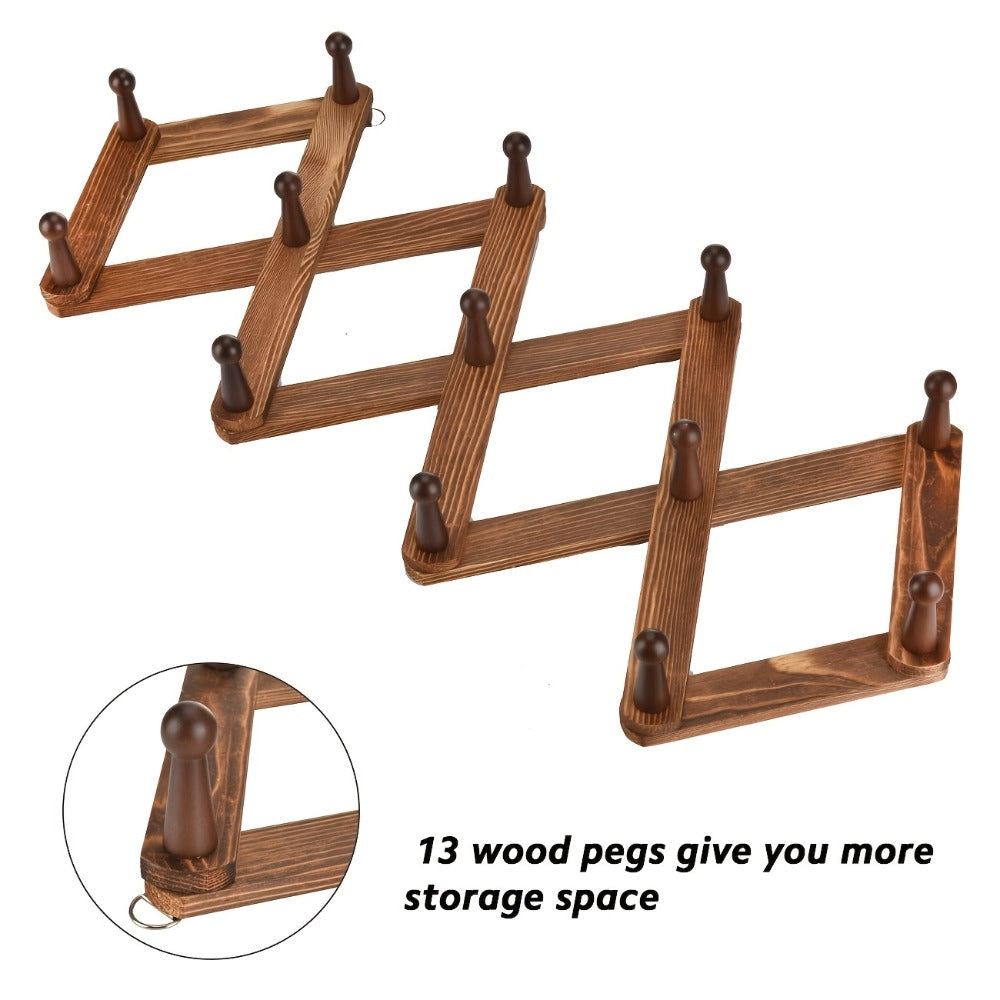 Wall Hat Rack Expandable Wood Accordion Hanger – 13 Hooks for Baseball Caps Coats Scarves Jewelry, Vintage Entryway Hallway Organizer
