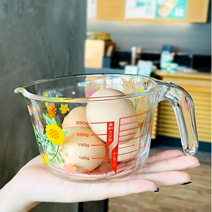 Glass Measuring Cup Floral Pattern Transparent Microwave Oven Freezer Safe 13.56 oz 16.91 oz for Home Cooking, Dining and Outdoor Meals