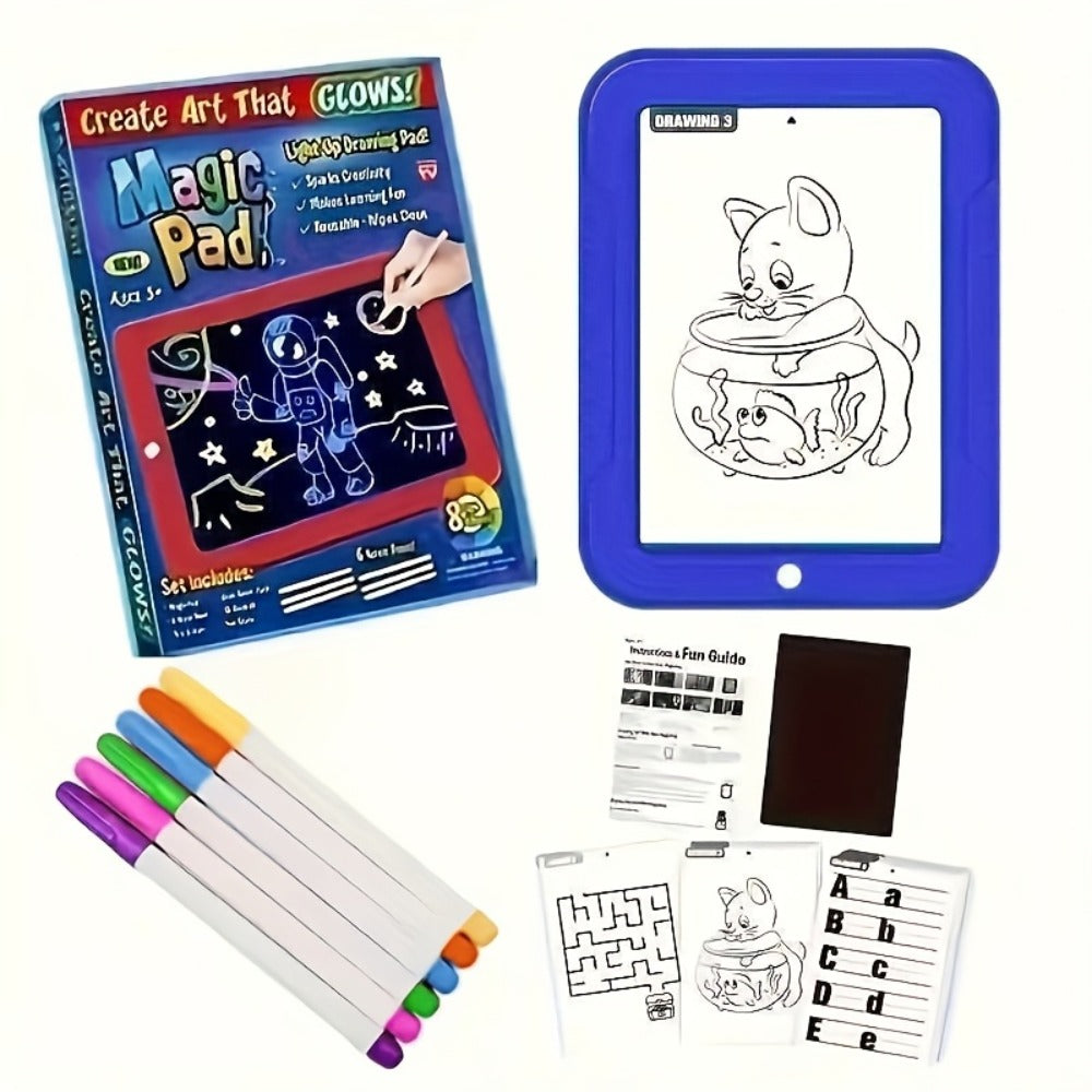Light Up Drawing Board for Kids LED Doodle Art Set with Colorful Markers & 30 Cards Ages 3-8, Battery-Powered Glow Writing Board