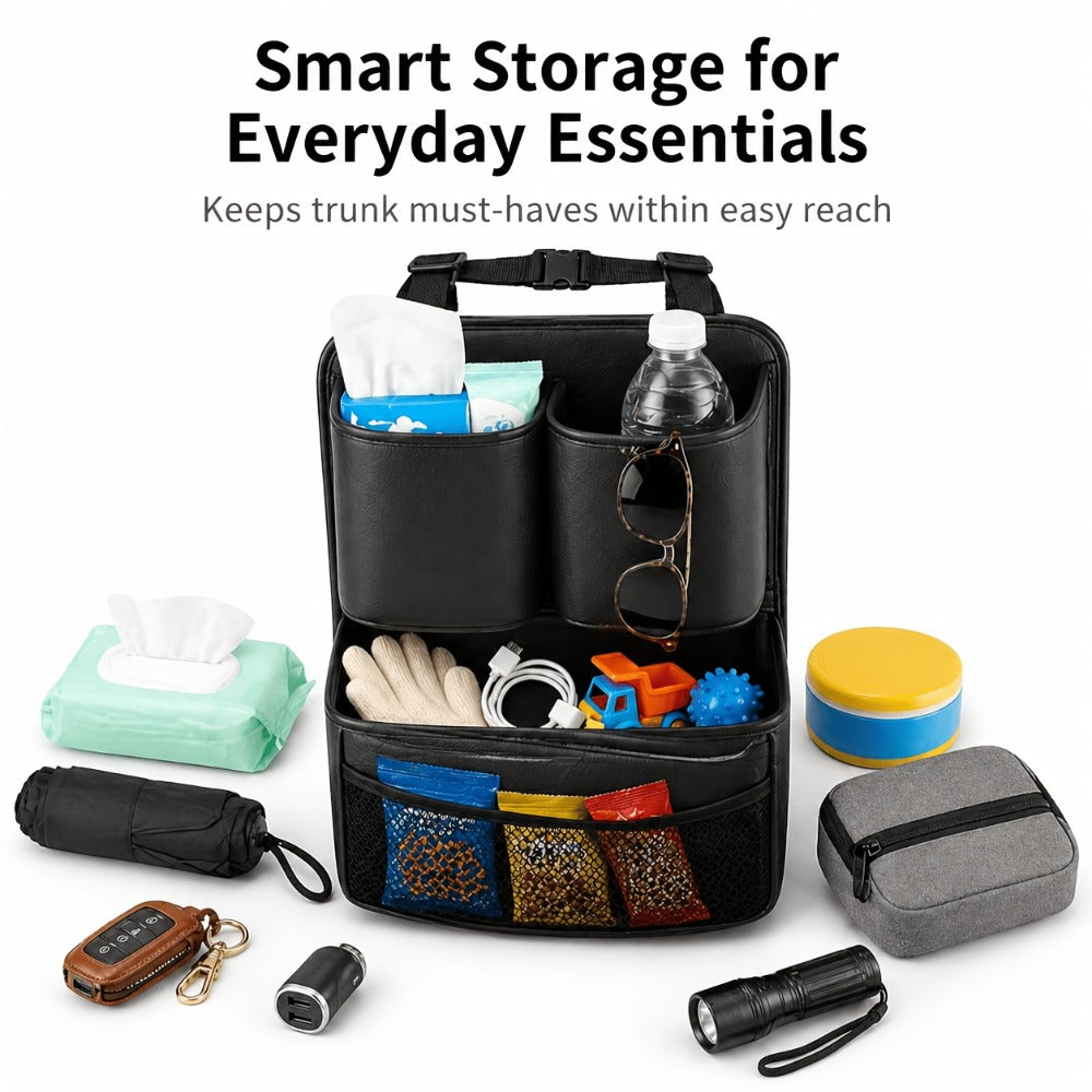Car Trunk Organizer, Foldable PU Leather Multi-Pocket Bag with Bottle Slots, Adjustable Straps and 1- or 3-Piece Options